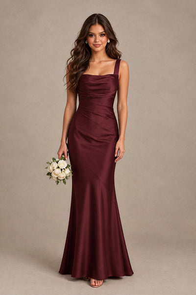BOLODOO Maroon Square Neck Ruched Satin Lace-Up Bridesmaid Dress - Maroon - Maroon_1