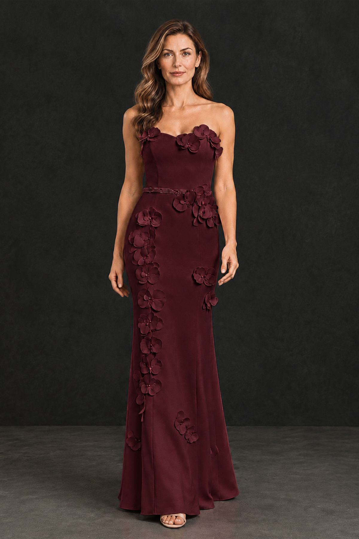BOLODOO Maroon Strapless Mother of the Bride Dress with 3D Floral Appliques - Maroon - Maroon_1