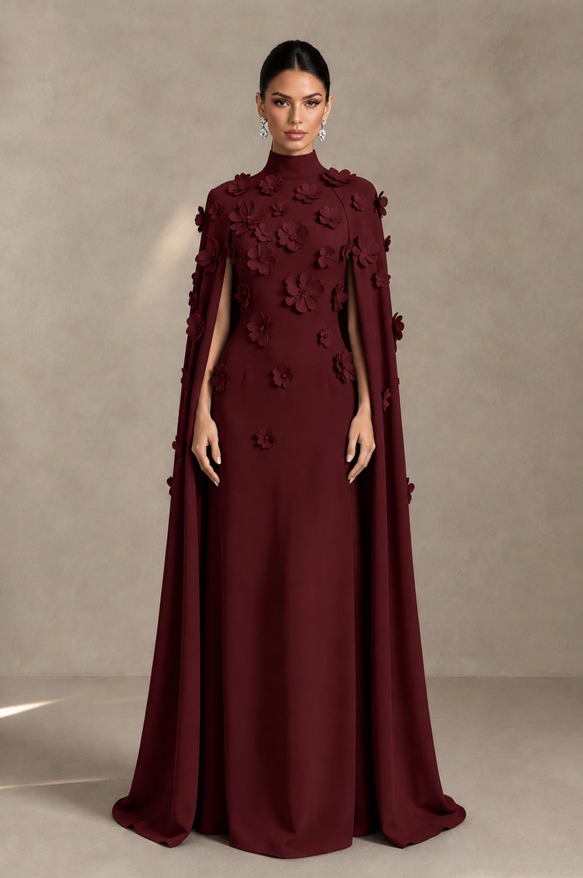 BOLODOO Maroon 3D Floral Applique Cape Formal Dress - Maroon - Maroon_1