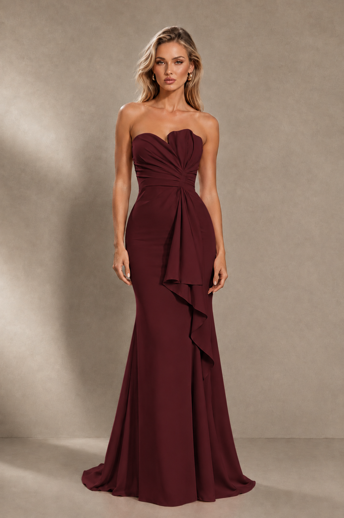 BOLODOO Maroon Strapless Sweetheart Ruched Mermaid Gown | Cascade Drape Formal Evening Dress - Maroon - Maroon_1