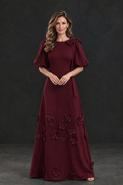 BOLODOO Maroon Floral Applique Puff Sleeve Mother of the Bride Dress - Maroon - Maroon_1