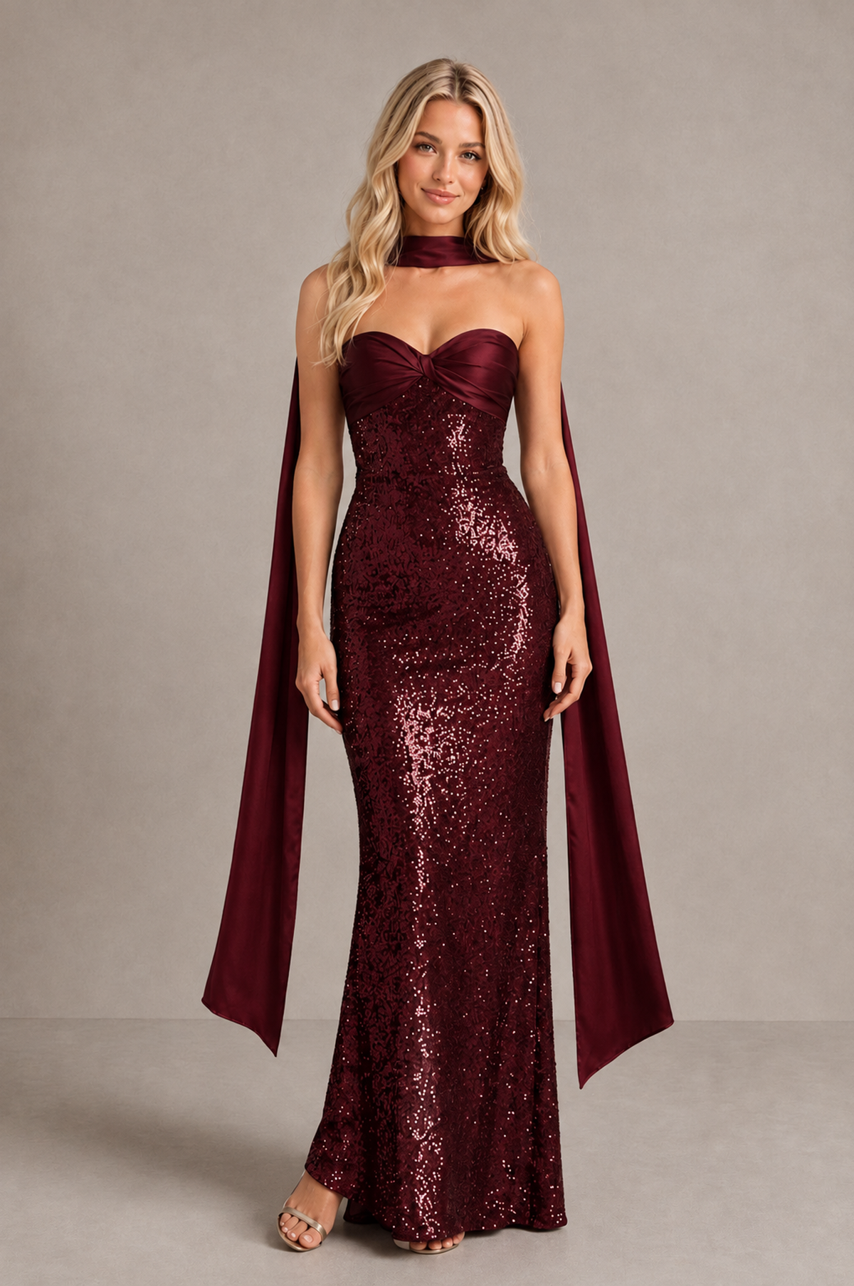 BOLODOO Maroon Strapless Sweetheart Evening Dress with Scarf - Maroon - Maroon_1