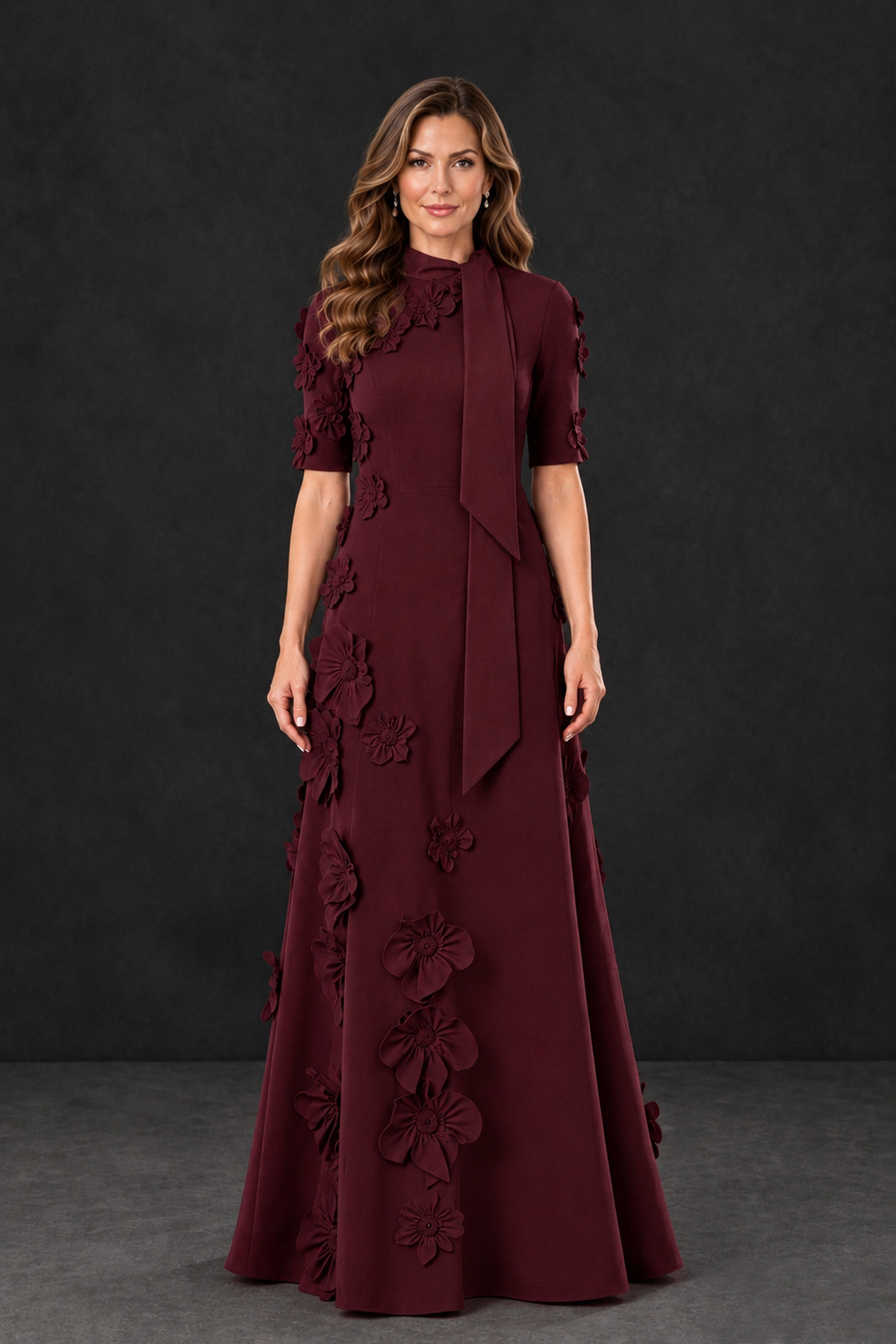 BOLODOO Maroon Floral Applique High-Neck Half-Sleeve Gown - Maroon - Maroon_1