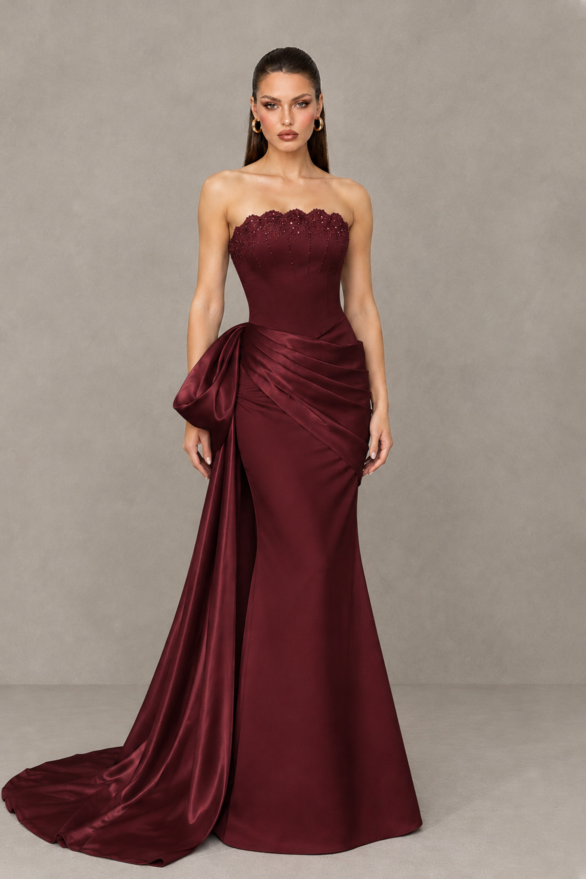 BOLODOO Maroon Strapless Satin Prom Dress with Draped Side Train - Maroon - Maroon_1