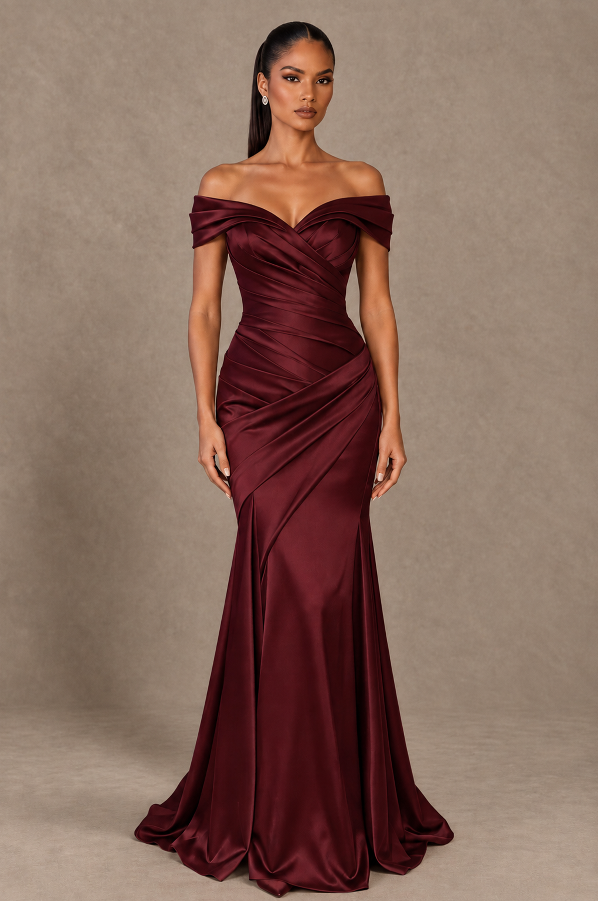 BOLODOO Maroon Off-the-Shoulder Ruched Satin Mermaid Evening Dress - Maroon - Maroon_1