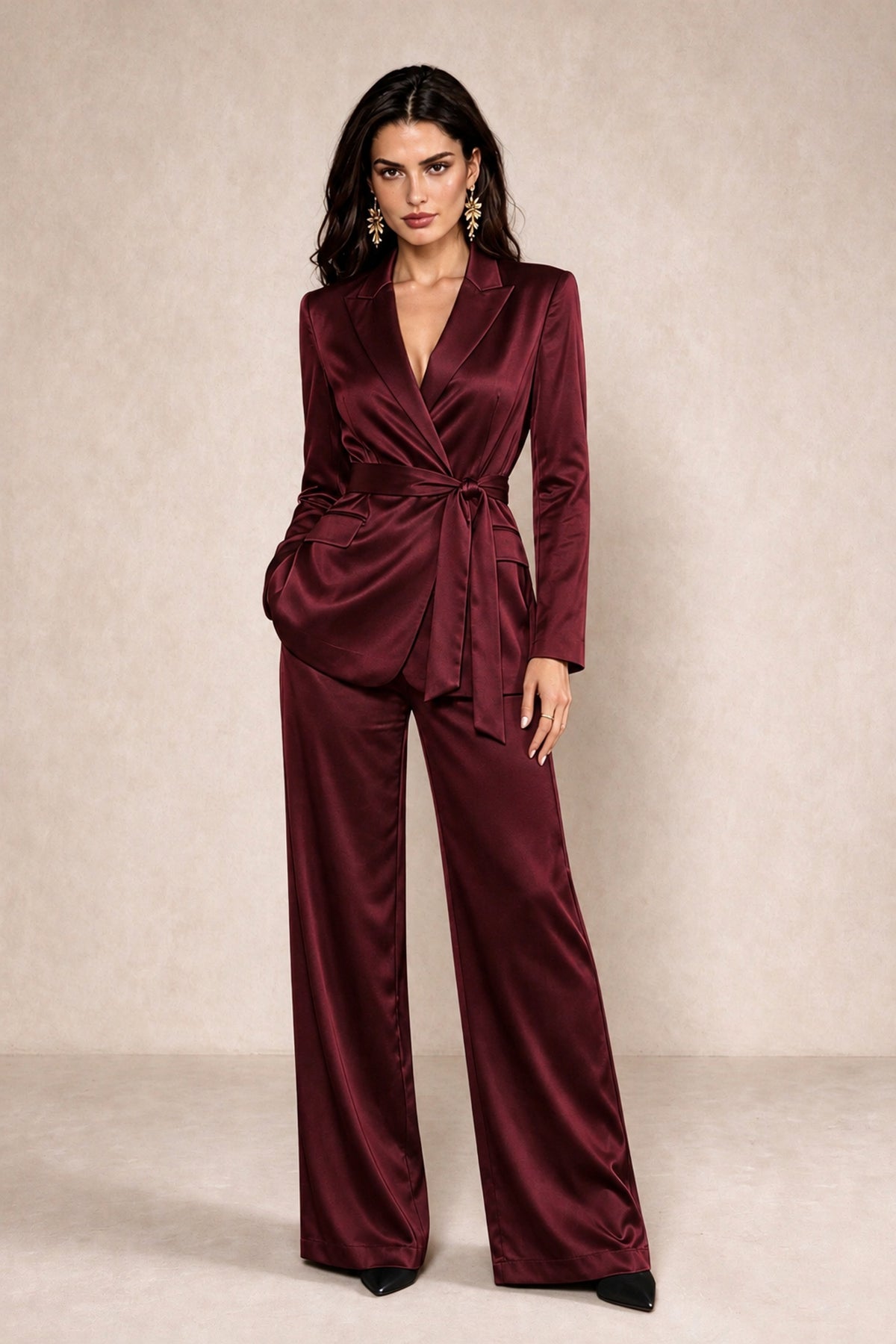 BOLODOO Maroon Satin Wrap Blazer Wide-Leg Pants Two-Piece Suit Set – Evening Gala Wedding Guest - Maroon - Maroon_1