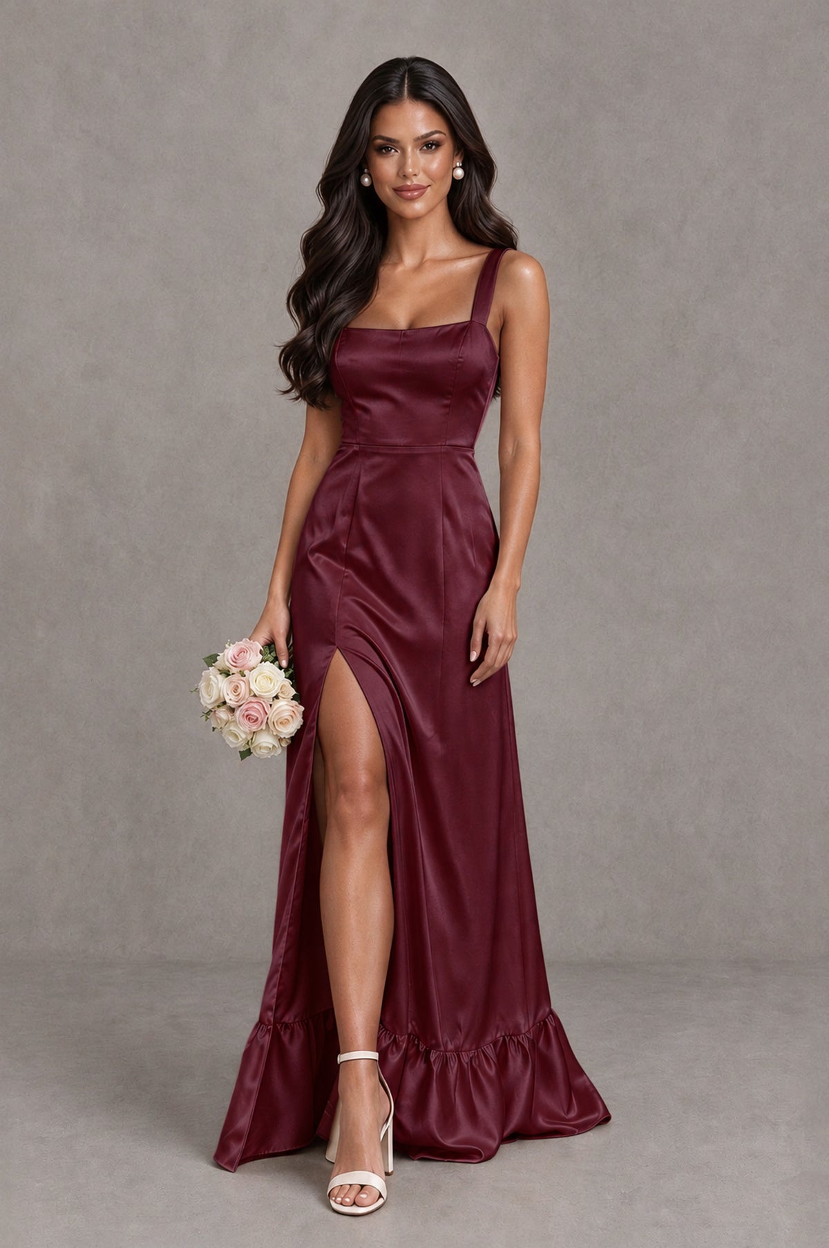 BOLODOO Maroon Square Neck Satin Evening Dress with Lace-Up Back and High Slit - Maroon - Maroon_1