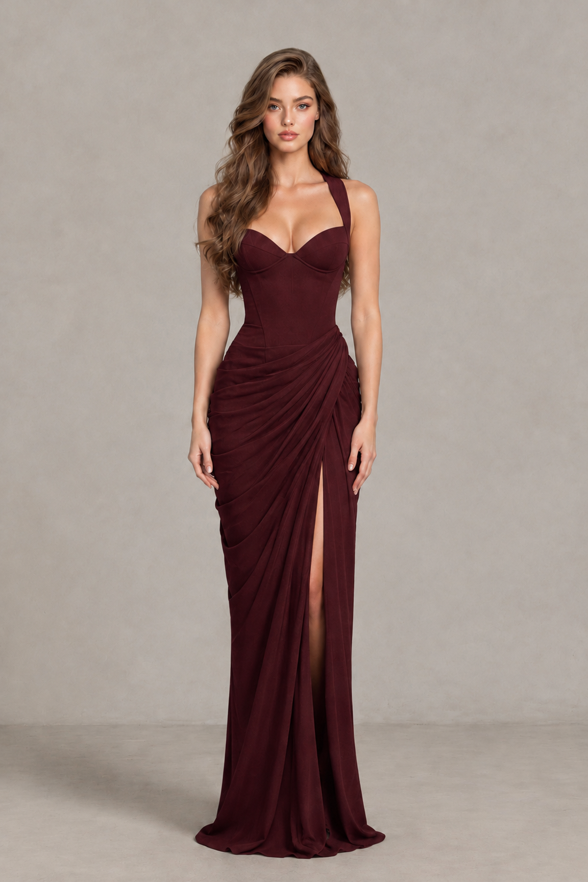 BOLODOO Maroon Sweetheart Maxi Dress with High Slit - Maroon - Maroon_1
