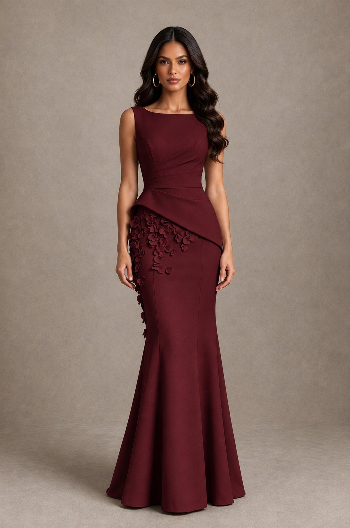 BOLODOO Maroon Bateau Neck Sleeveless Asymmetric Peplum 3D Petal Appliqué Mermaid Gown BD0421 - Maroon - Maroon_1
