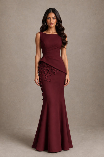 BOLODOO Maroon Bateau Neck Sleeveless Asymmetric Peplum 3D Petal Appliqué Mermaid Gown BD0421 - Maroon - Maroon_1