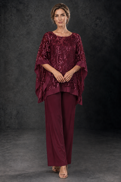 BOLODOO Maroon Floral Cape Mother of the Bride Pant Suit - Maroon - Maroon_1