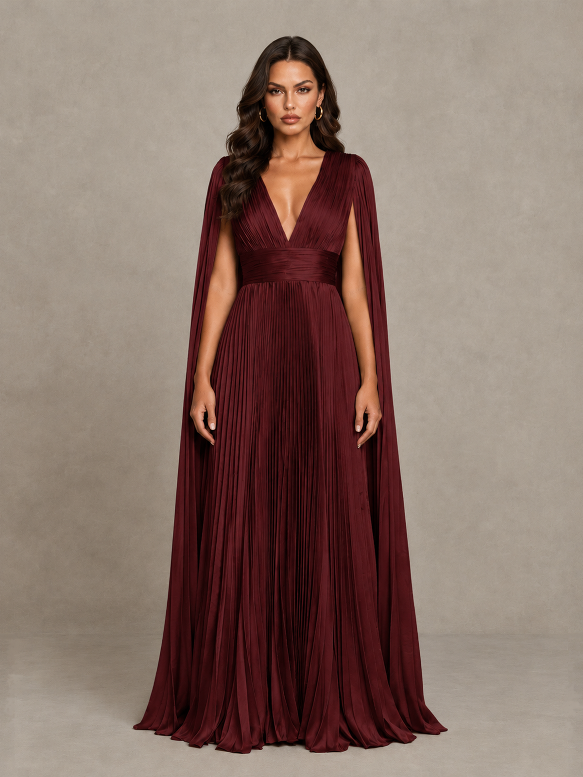 BOLODOO Maroon Deep V-Neck Pleated Cape Sleeve Evening Gown - Maroon - Maroon_1