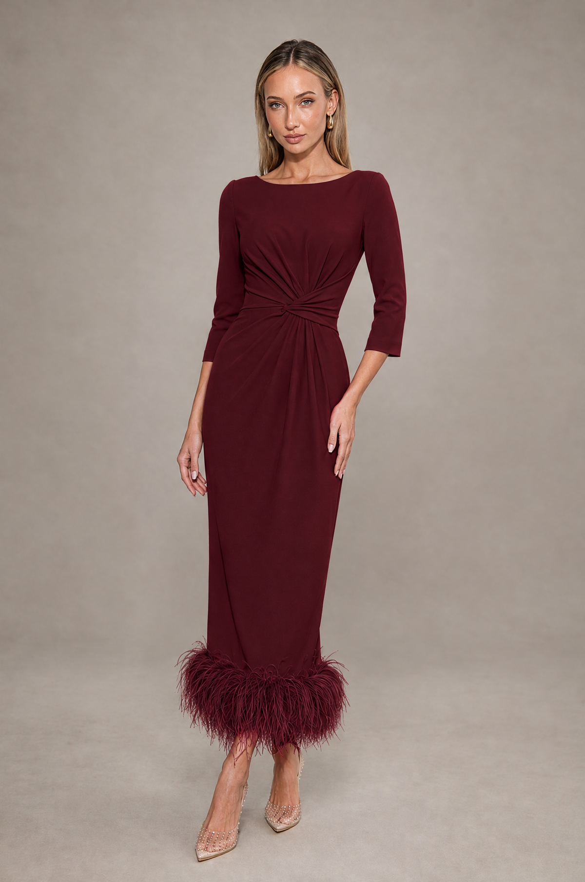 BOLODOO Maroon Feather-Trim Twist-Waist Midi Dress - Maroon - Maroon_1