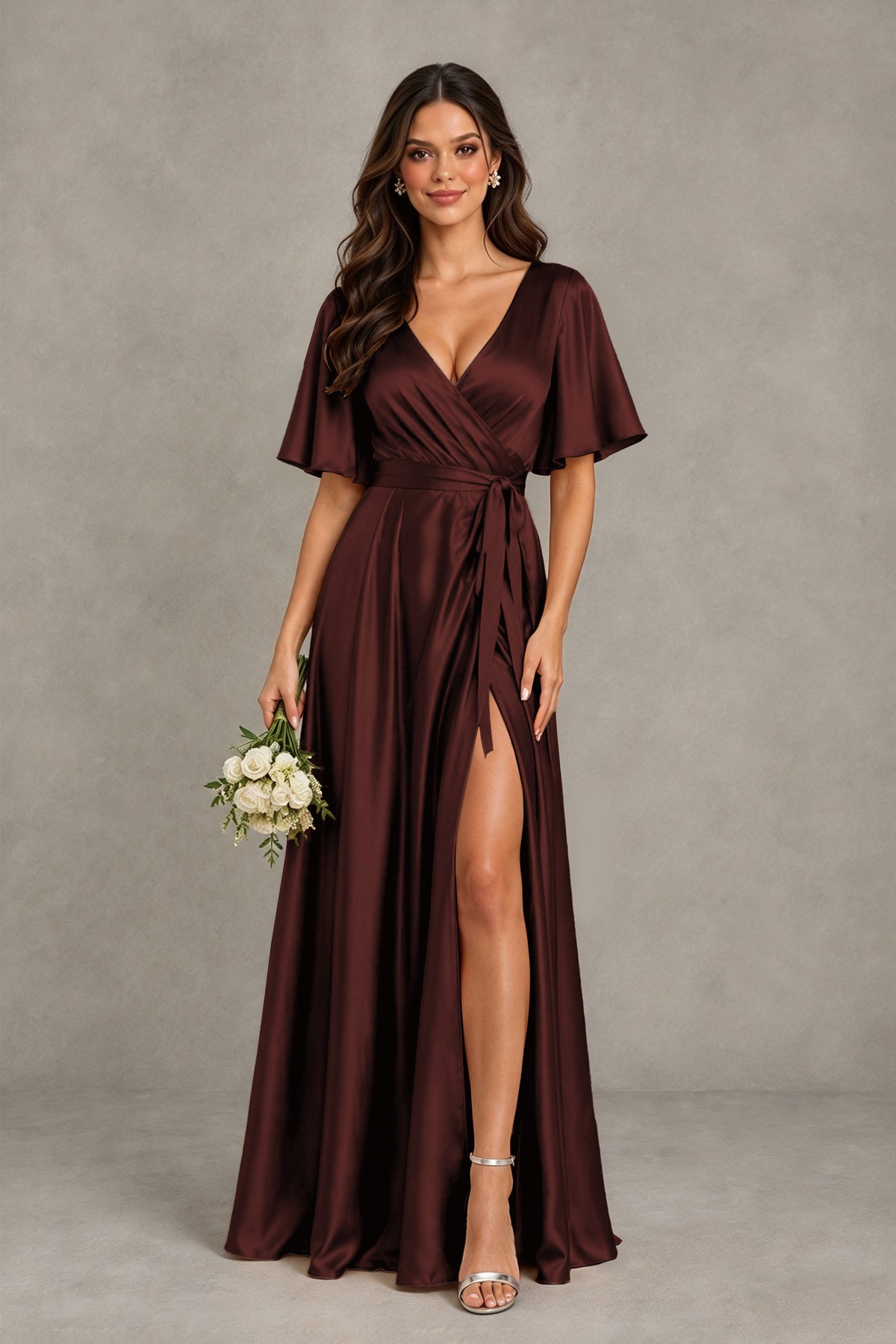 BOLODOO Maroon Satin V-Neck Flutter Sleeve Bridesmaid Dress with Slit - Maroon - Maroon(1)