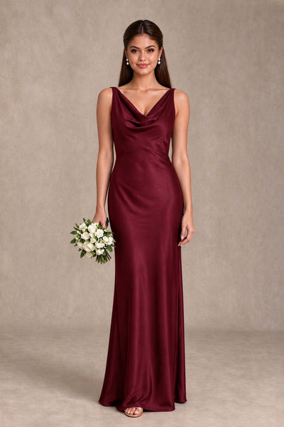 BOLODOO Maroon Cowl Neck Open Back Satin Bridesmaid Dress - Maroon - Maroon_1