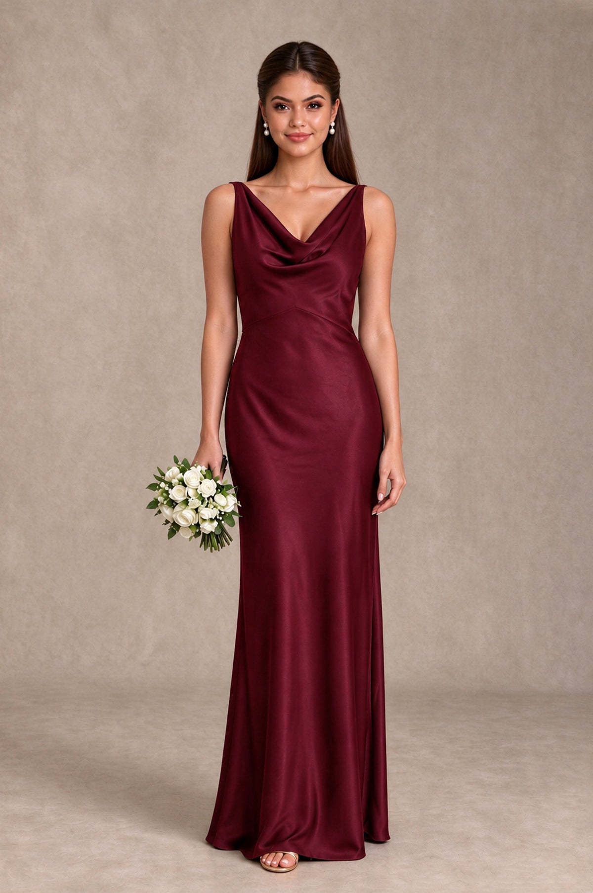 BOLODOO Maroon Cowl Neck Open Back Satin Bridesmaid Dress - Maroon - Maroon_1