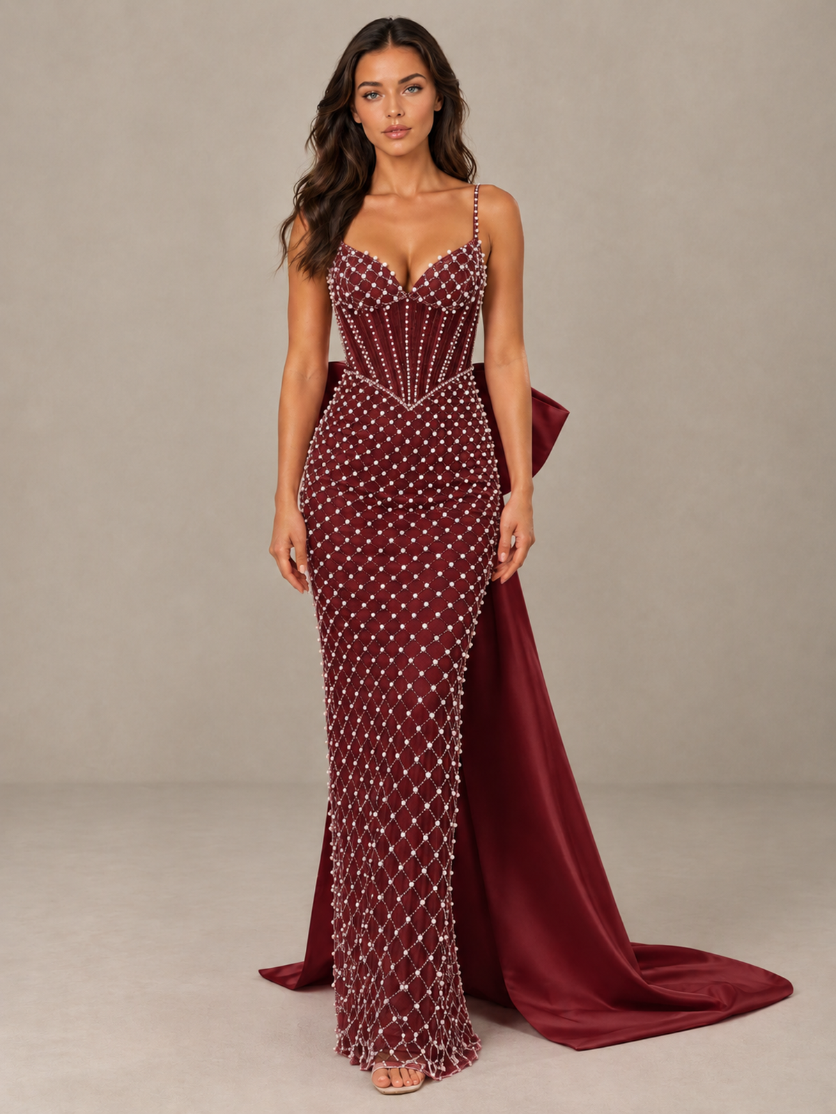 BOLODOO Maroon Beaded Corset Prom Dress with Bow Train - Maroon - Maroon_1