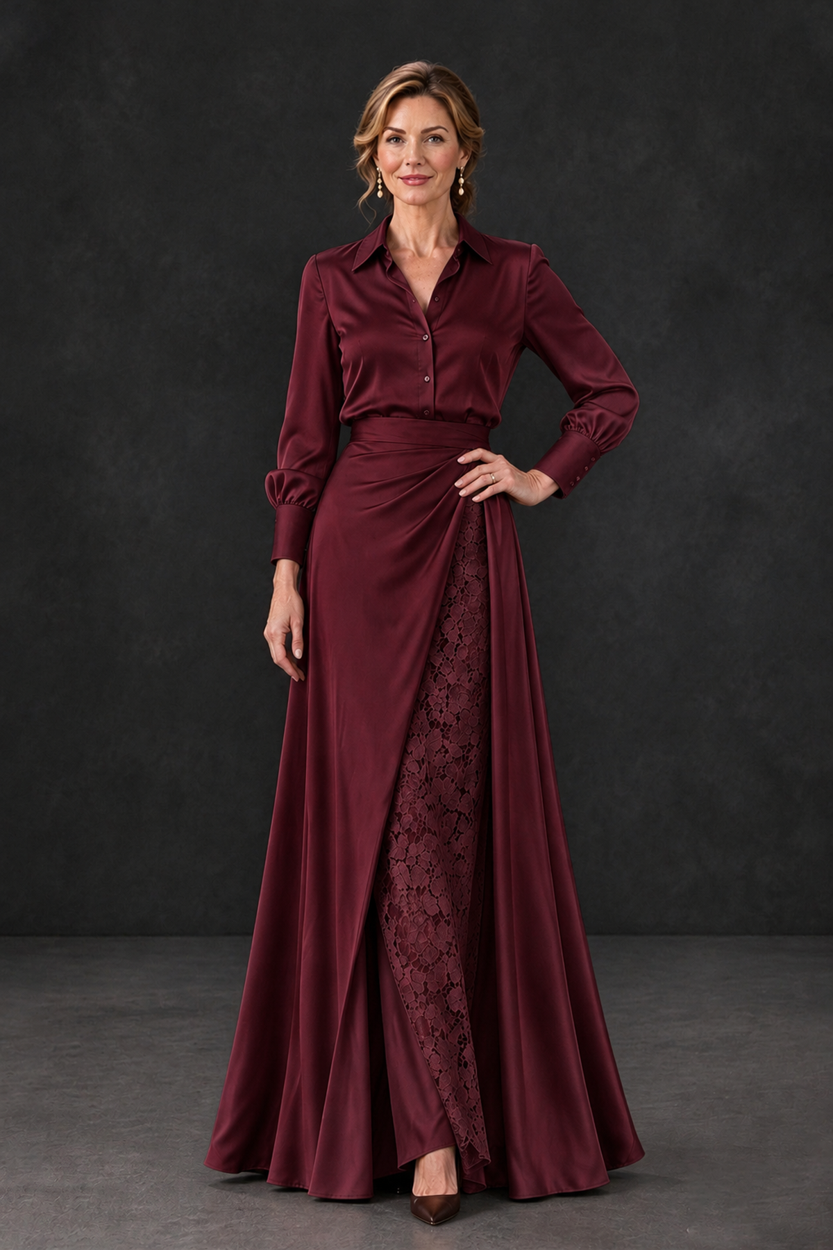 BOLODOO Maroon Long Sleeve Satin-Look Lace Panel Gown - Maroon - Maroon_1
