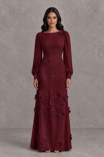 BOLODOO Maroon Long Sleeve Floral Applique A-Line Evening Dress - Maroon - Maroon_1