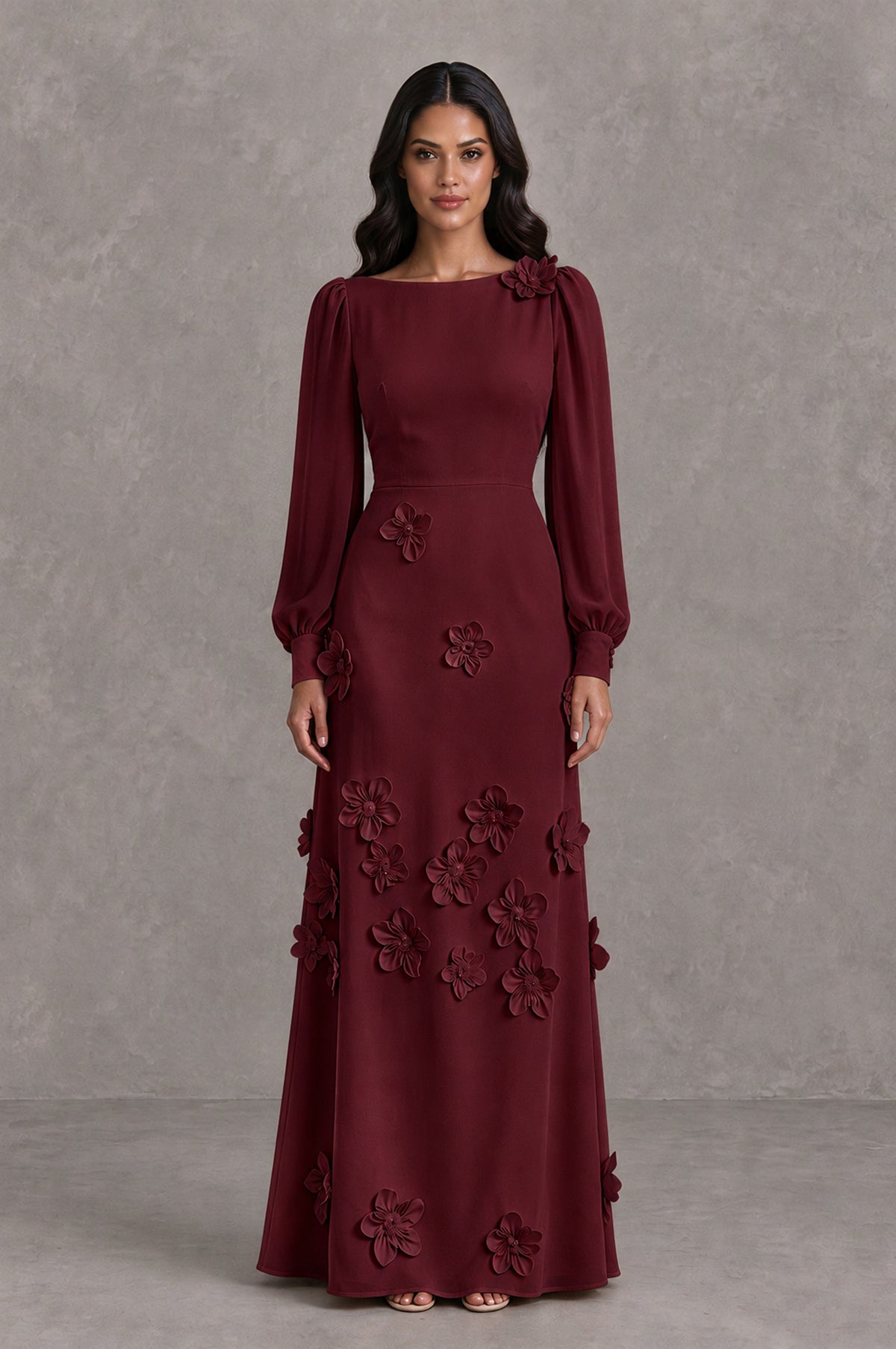BOLODOO Maroon Long Sleeve Floral Applique A-Line Evening Dress - Maroon - Maroon_1