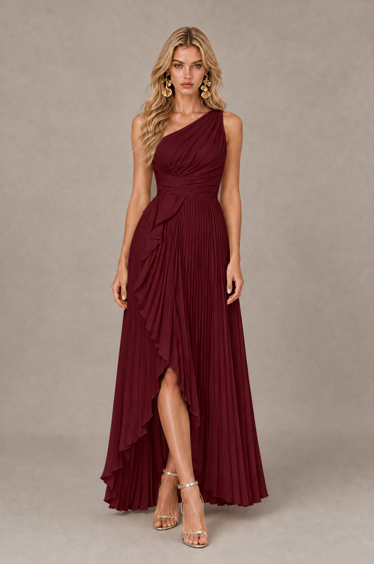 BOLODOO Maroon One-Shoulder High-Low Ruffle Maxi Dress - Maroon - Maroon_1