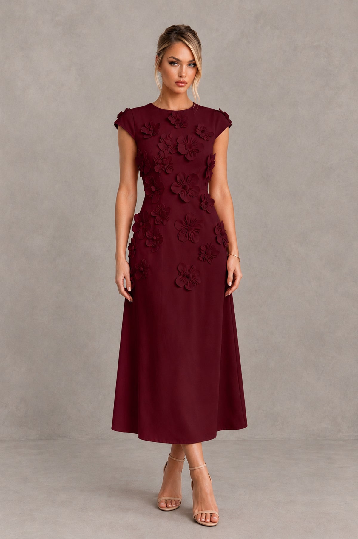 BOLODOO Maroon 3D Floral Cap Sleeve Midi Cocktail Dress - Maroon - Maroon_1