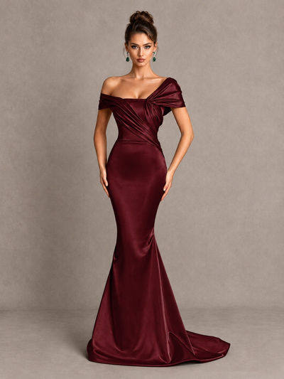 BOLODOO Maroon Off-Shoulder Satin Mermaid Prom Dress - Maroon - Maroon_1