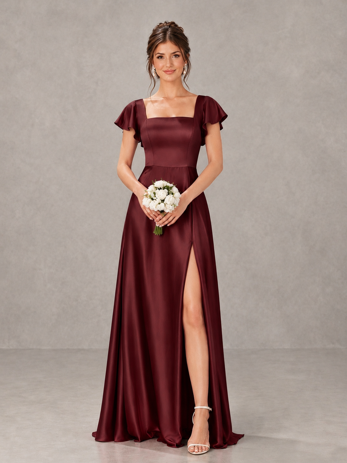BOLODOO Maroon Satin Square Neck Flutter Sleeve A-Line Bridesmaid Dress with Slit - Maroon - Maroon_1
