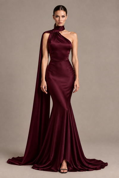 BOLODOO Maroon One-Shoulder Satin Mermaid Evening Dress with Scarf - Maroon - Maroon_1