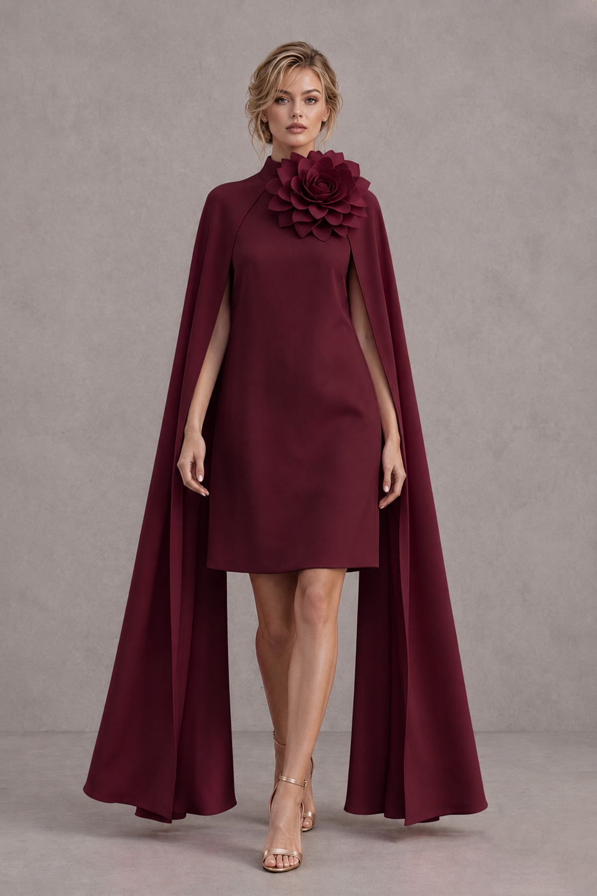 BOLODOO Maroon High Neck Floral Cape Mini Cocktail Dress - Maroon - Maroon_1