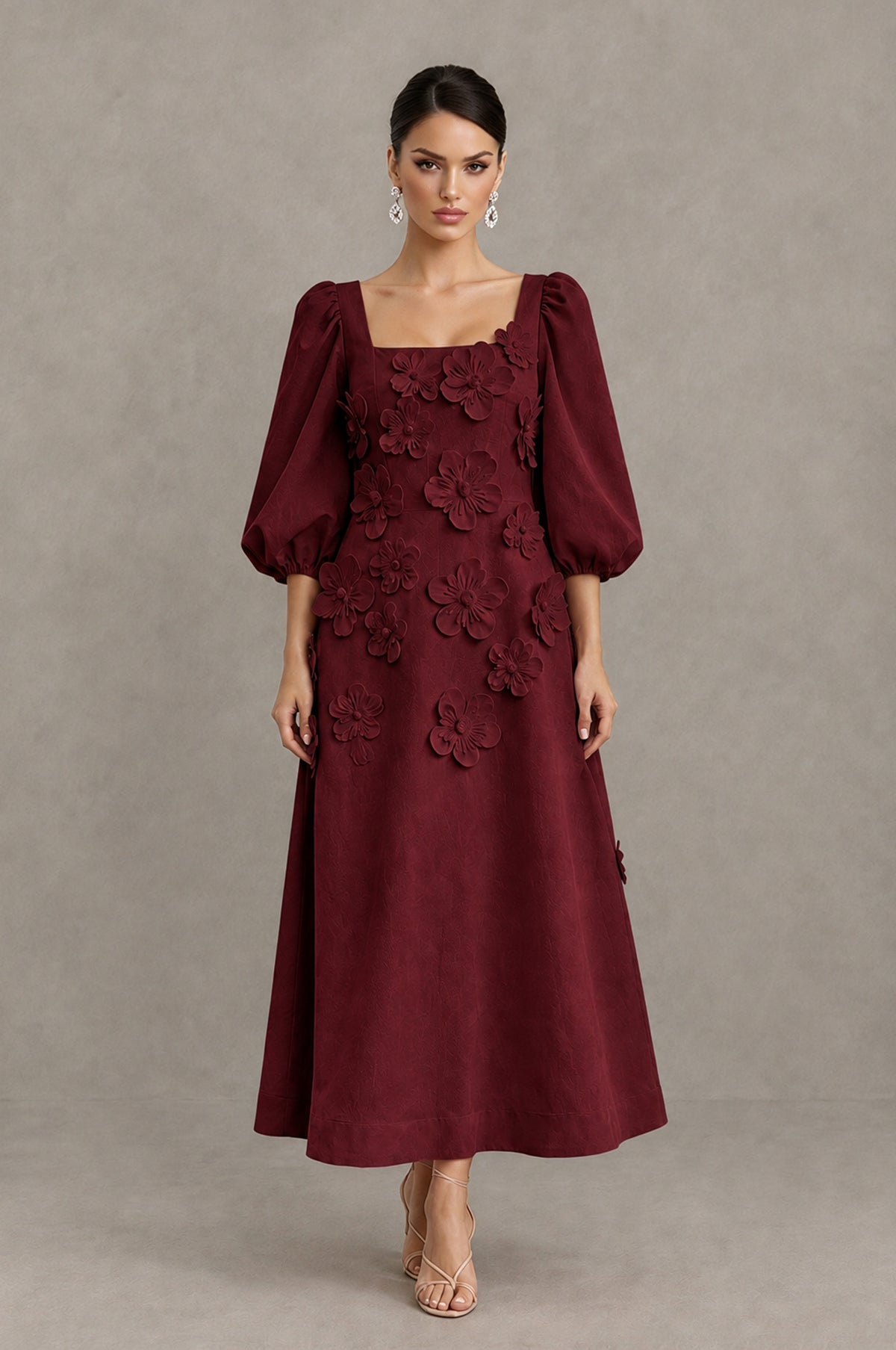 BOLODOO Maroon 3D Floral Puff Sleeve Midi Cocktail Dress - Maroon - Maroon_1