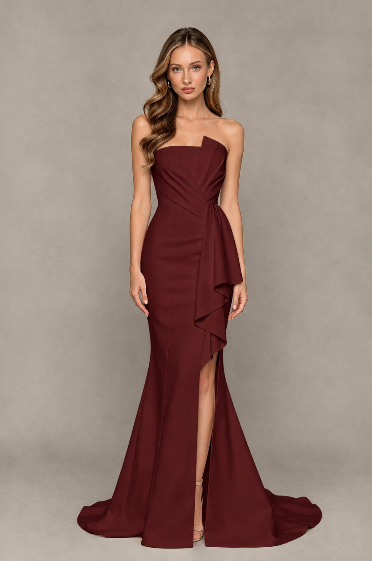 BOLODOO Maroon Strapless Mermaid Evening Dress with Ruffle Slit and Train - Maroon - Maroon_1