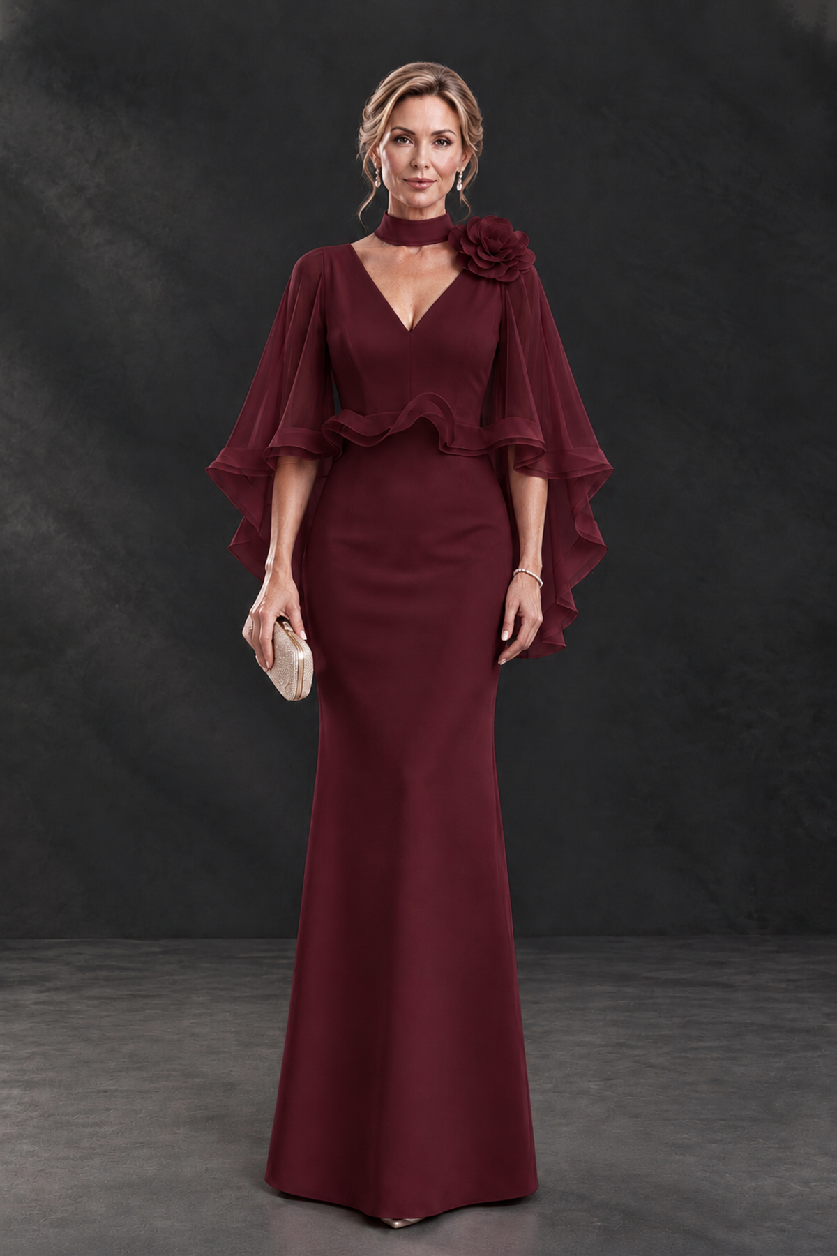 BOLODOO Maroon Floral Cape Sleeve Mother of the Bride Dress - Maroon - Maroon_1