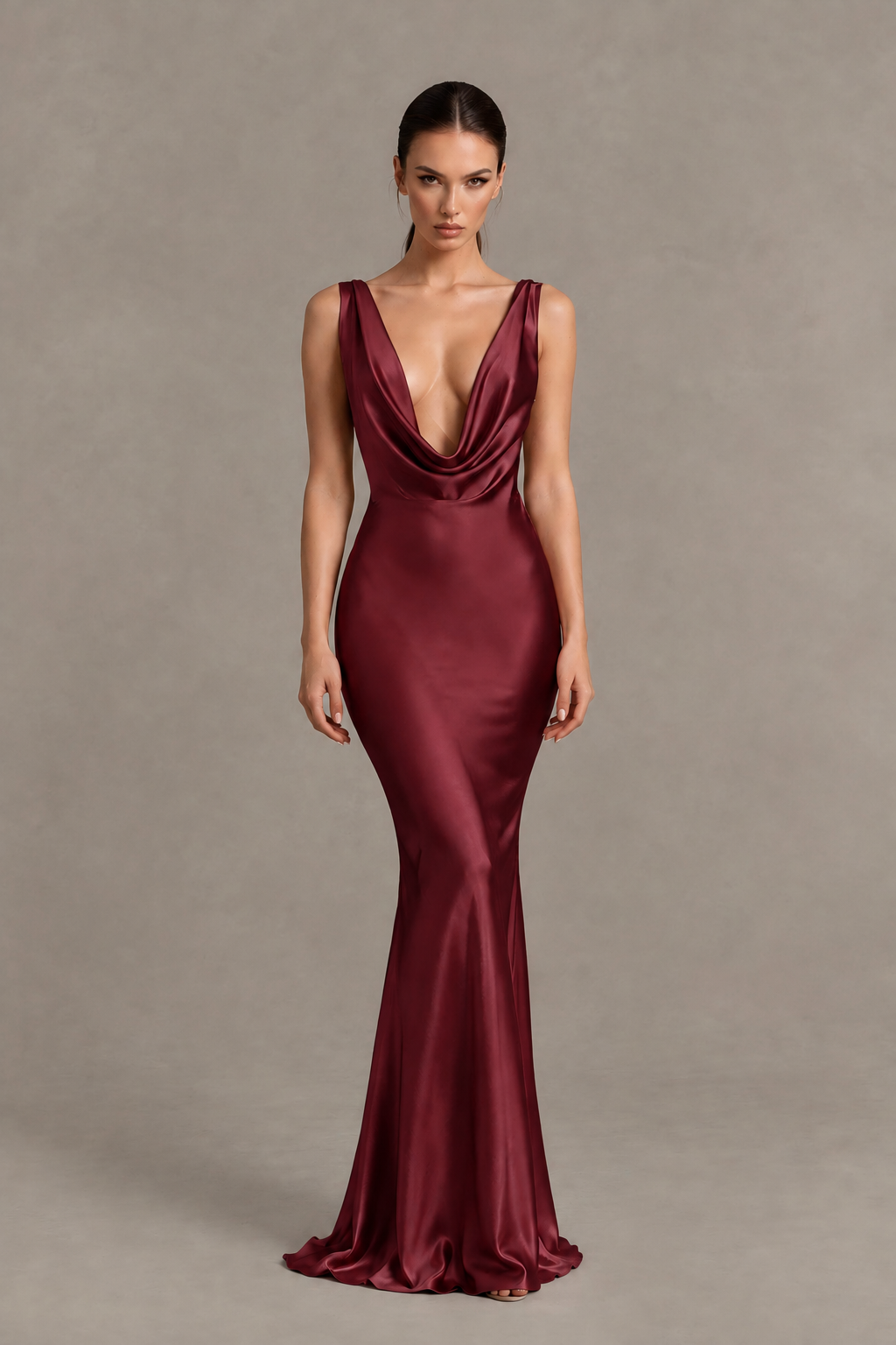 BOLODOO Maroon Cowl Neck Backless Satin Mermaid Evening Dress - Maroon - Maroon_1