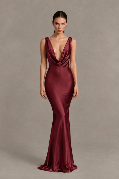 BOLODOO Maroon Cowl Neck Backless Satin Mermaid Evening Dress - Maroon - Maroon_1
