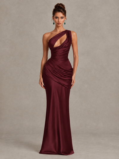 BOLODOO Maroon One-Shoulder Cutout Satin Mermaid Prom Dress - Maroon - Maroon_1