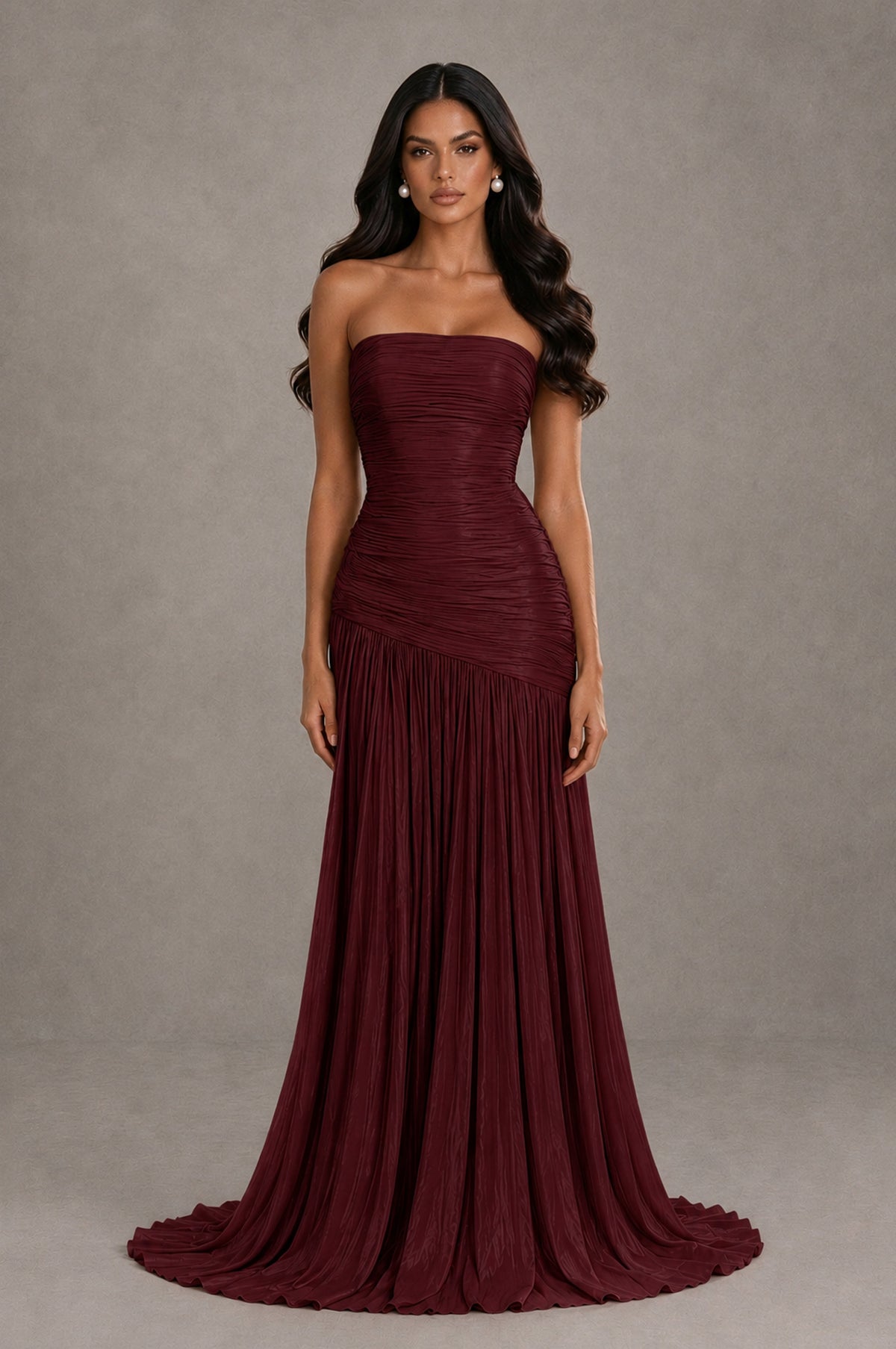 BOLODOO Maroon Metallic Ruched Strapless Pleated A-Line Backless Maxi Dress with Train - Maroon - Maroon_1