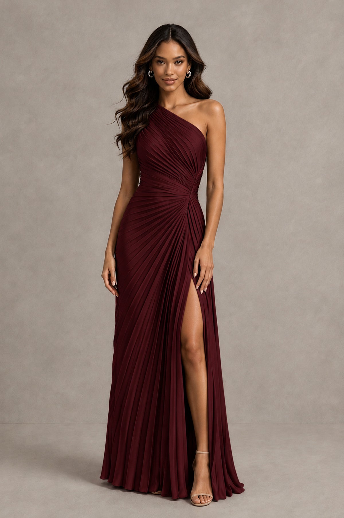 BOLODOO Maroon One Shoulder Pleated Evening Dress with Ruched Waist and High Slit - Maroon - Maroon_1