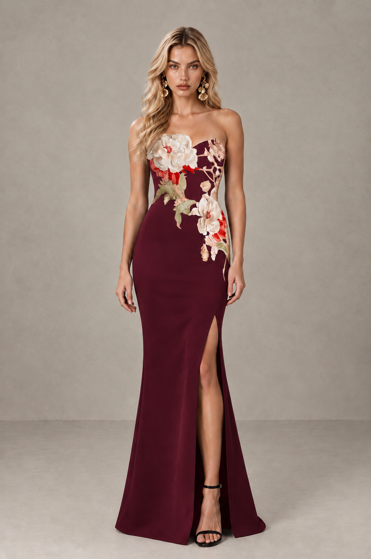 BOLODOO Maroon Strapless Floral Mermaid Evening Dress with Slit - Maroon - Maroon_1