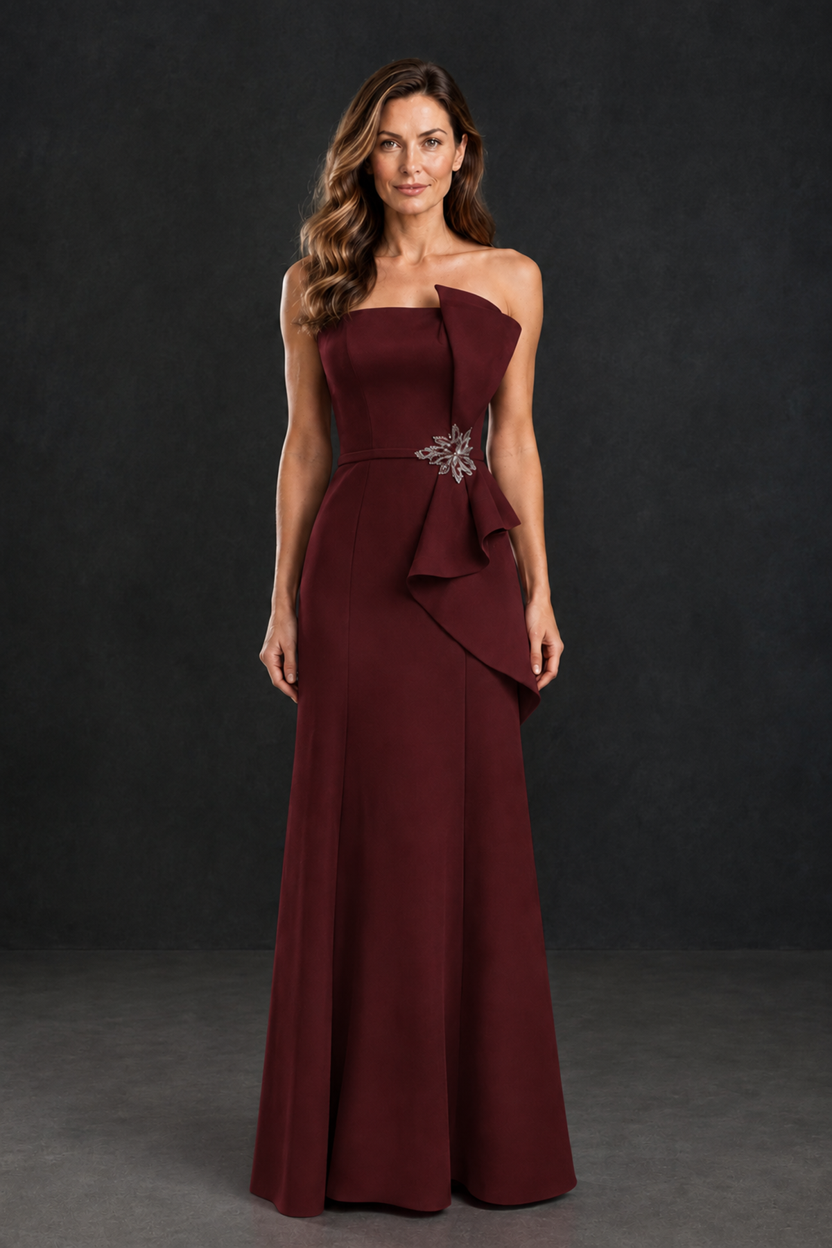 BOLODOO Maroon Strapless Mother of the Bride Dress with Ruffle Detail - Maroon - Maroon_1