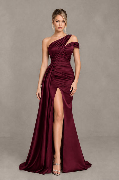 BOLODOO Maroon Asymmetric Ruched Formal Evening Dress - Maroon - Maroon_1