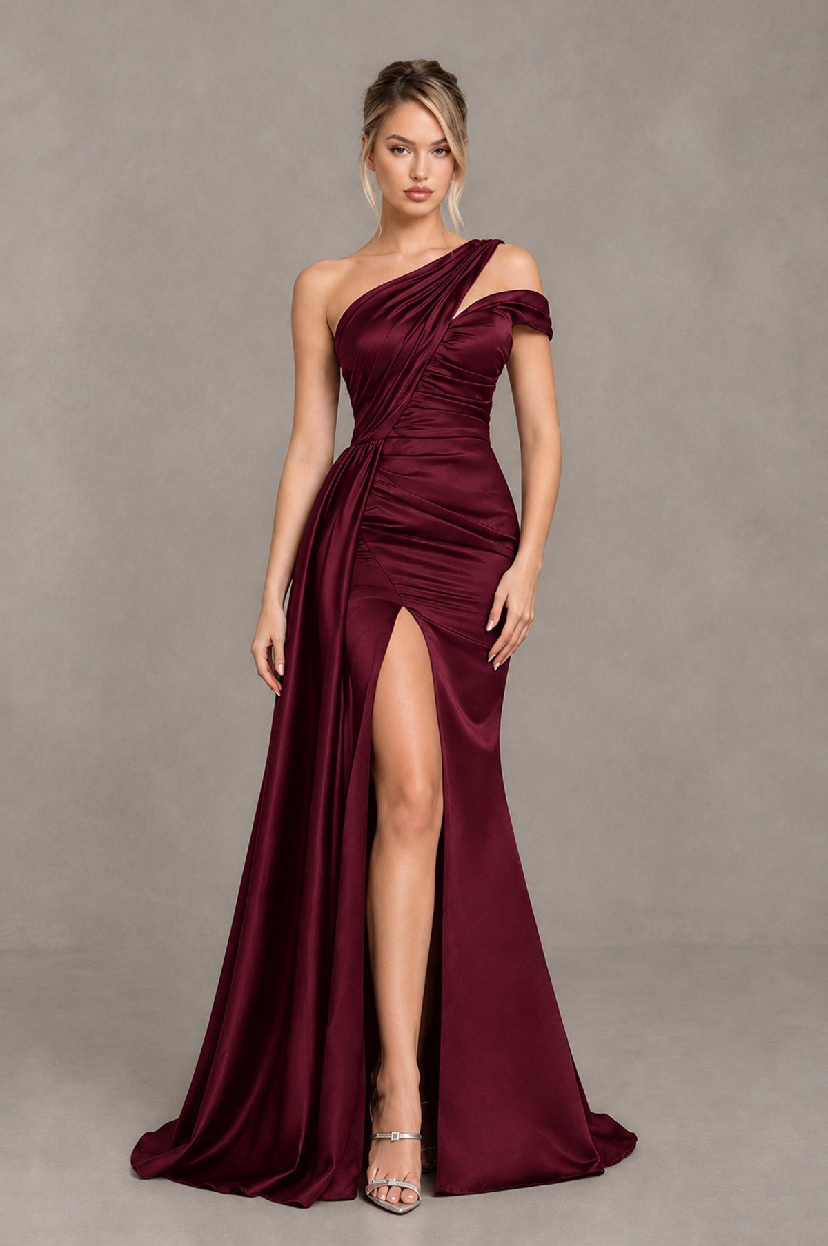 BOLODOO Maroon Asymmetric Ruched Formal Evening Dress - Maroon - Maroon_1