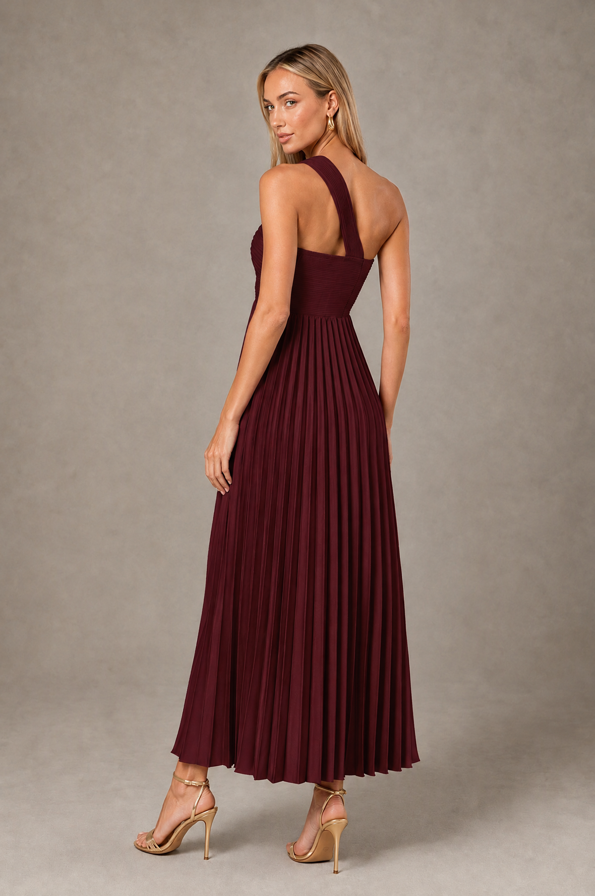 BOLODOO Maroon One-Shoulder Twist Knot Pleated Satin Midi Dress with Cutout - Maroon - Maroon_2