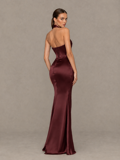 BOLODOO Maroon Cross-Halter Ruched Satin-Look Evening Gown with High Slit - Maroon - Maroon_2