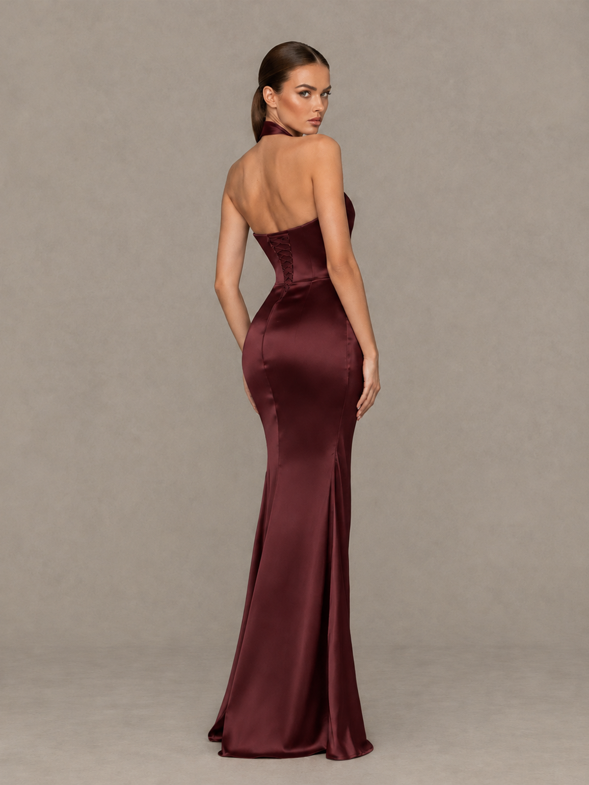 BOLODOO Maroon Cross-Halter Ruched Satin-Look Evening Gown with High Slit - Maroon - Maroon_2