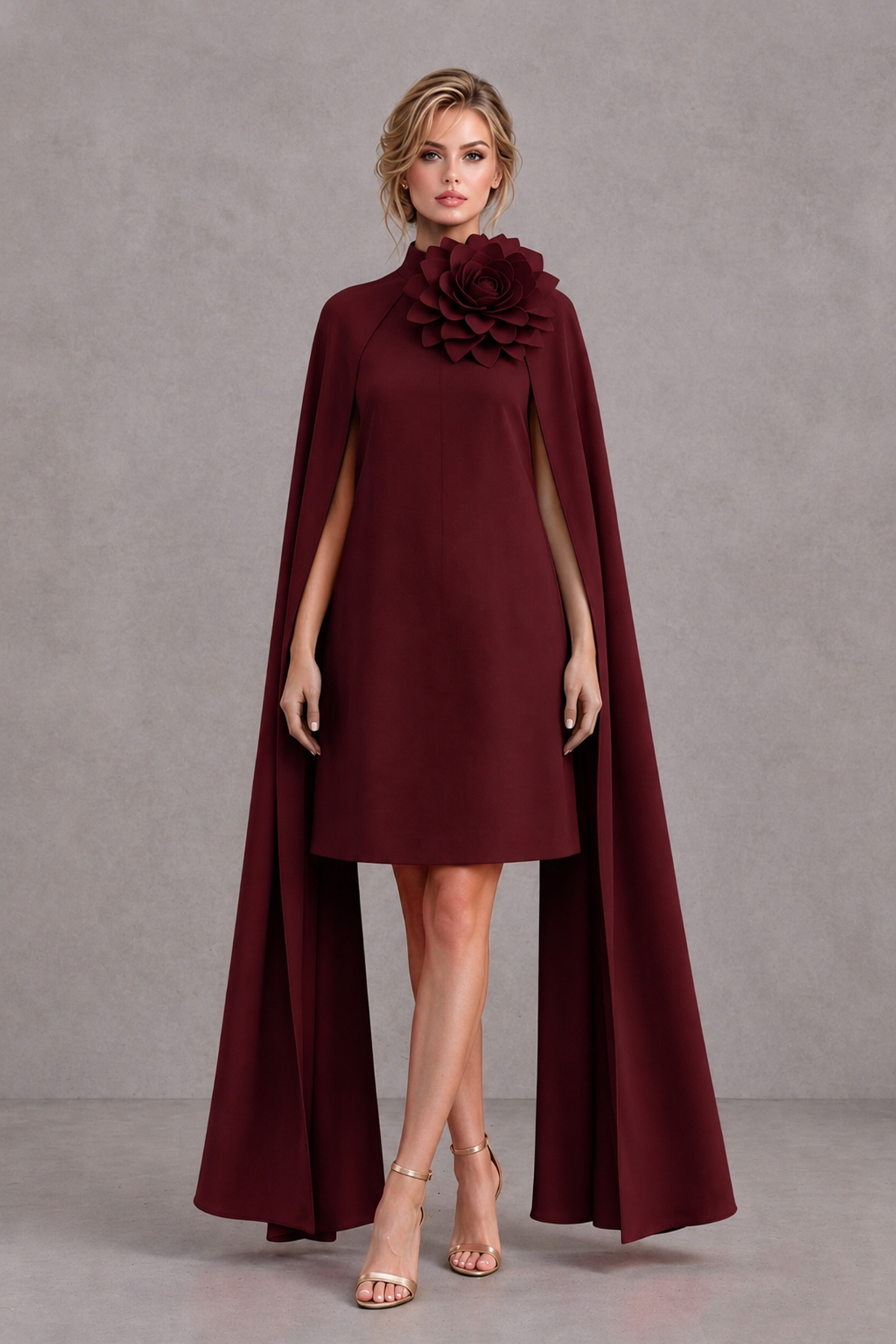 BOLODOO Maroon High Neck Floral Cape Mini Cocktail Dress - Maroon - Maroon_2