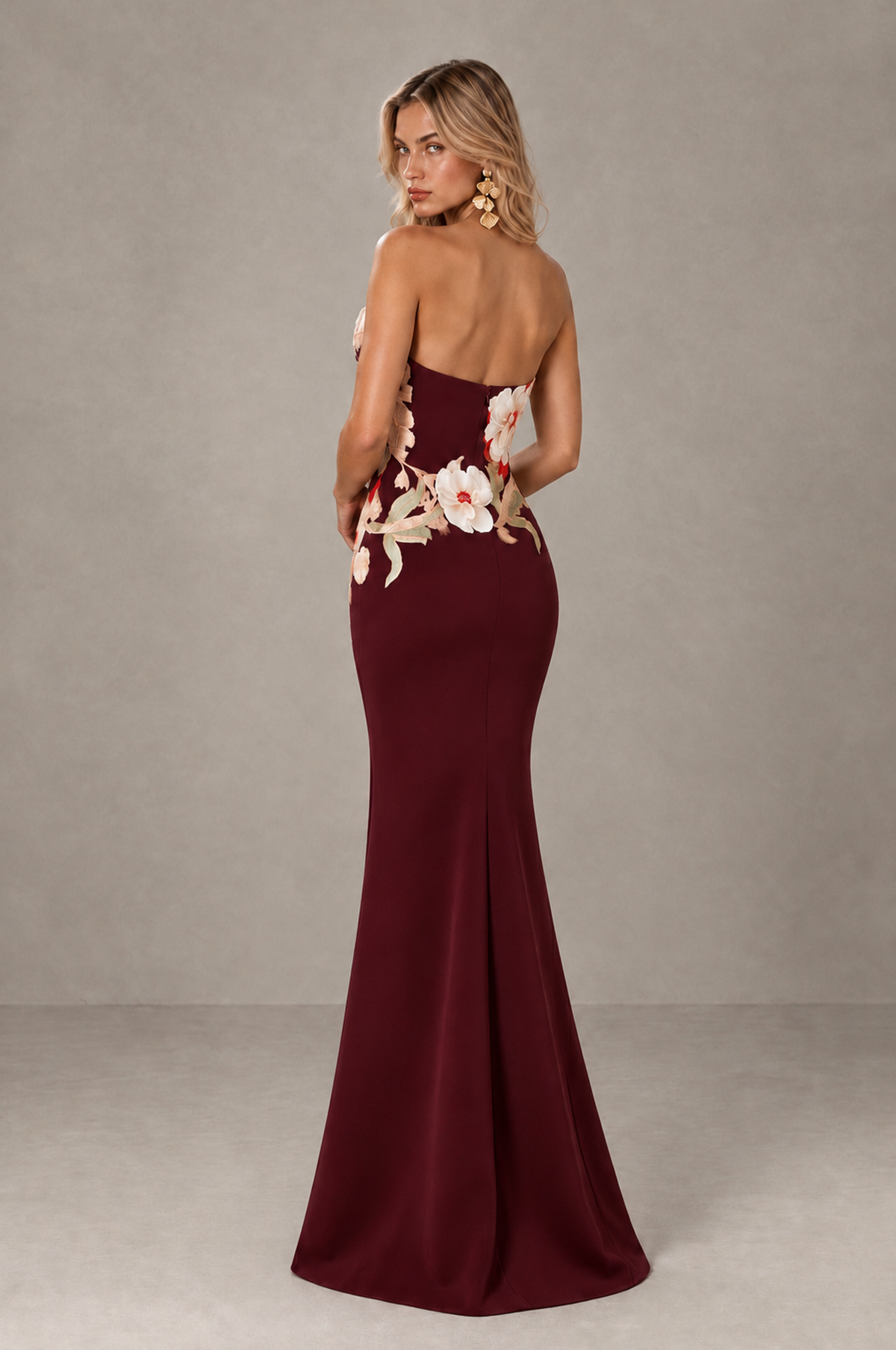 BOLODOO Maroon Strapless Floral Mermaid Evening Dress with Slit - Maroon - Maroon_2
