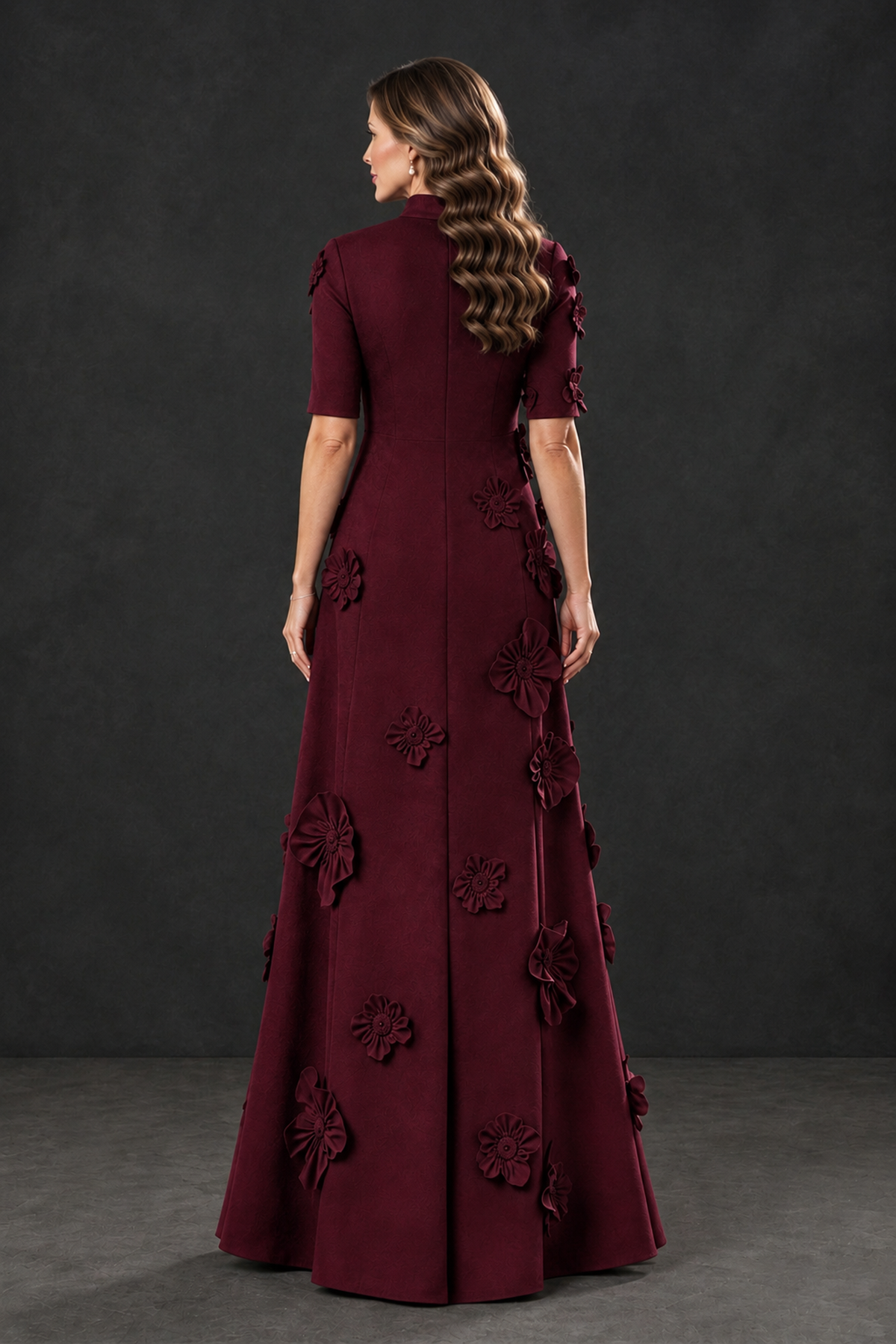 BOLODOO Maroon Floral Applique High-Neck Half-Sleeve Gown - Maroon - Maroon_2