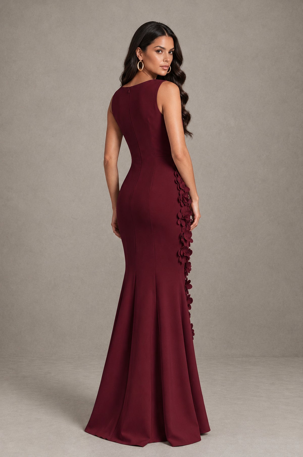 BOLODOO Maroon Bateau Neck Sleeveless Asymmetric Peplum 3D Petal Appliqué Mermaid Gown BD0421 - Maroon - Maroon_2