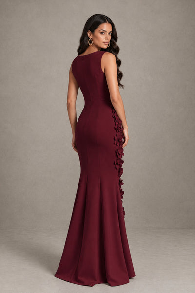 BOLODOO Maroon Bateau Neck Sleeveless Asymmetric Peplum 3D Petal Appliqué Mermaid Gown BD0421 - Maroon - Maroon_2